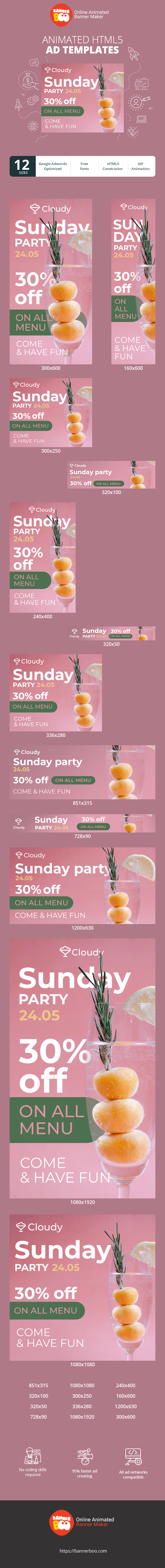 Szablon reklamy banerowej — Sunday Party — 30% zniżki na całe menu Zapraszamy do zabawy