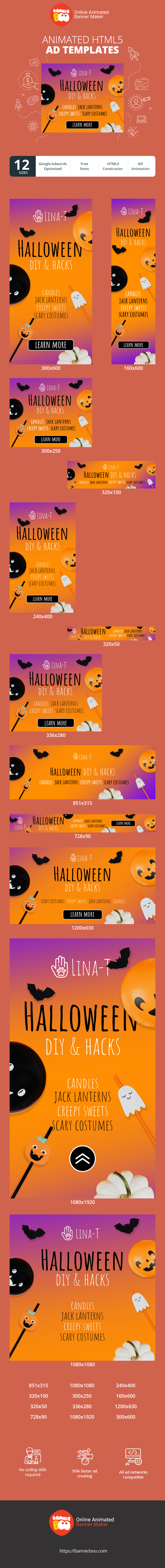 Banner ad template — Halloween DIY & Hacks — Candles Jack Lanterns Creepy Sweets Scary Costumes