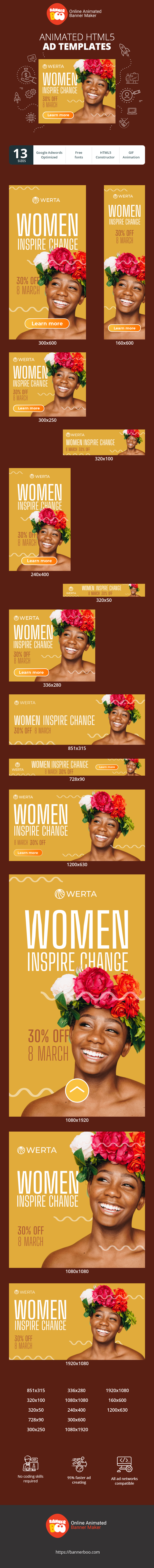 Szablon reklamy banerowej — Frauen inspirieren Wandel — 30 % Rabatt am 8. März